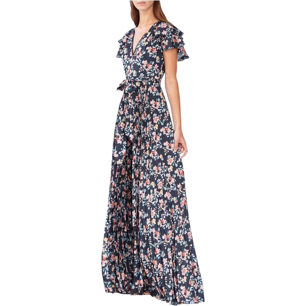Monique Lhuillier Floral Pleated Maxi Dress